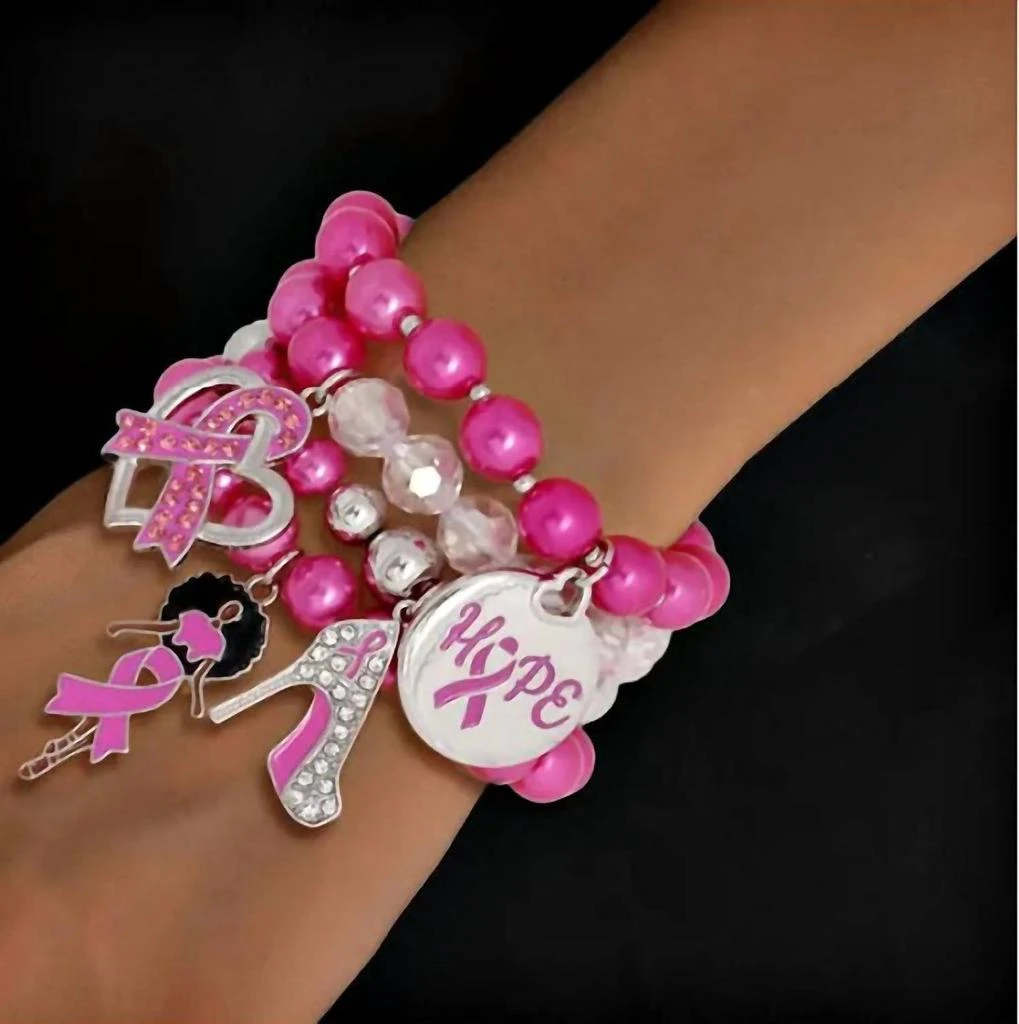 商品Pink Town USA|Women's Breast Cancer Charm Stretchy Bracelets In Dark Pink,价格¥239,第2张图片详细描述