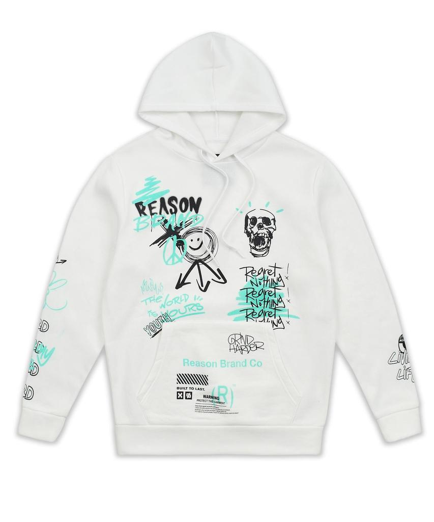 商品Reason Clothing|White - Teal No Regrets Smiley Skull Graffiti Placement Print Hoodie,价格¥289,第4张图片详细描述