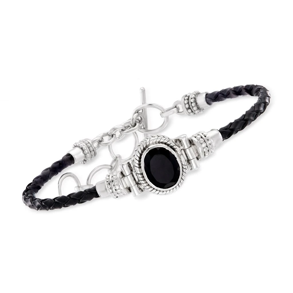 商品Ross-Simons|Black Onyx Bracelet With Braided Black Leather in Sterling Silver,价格¥748,第1张图片