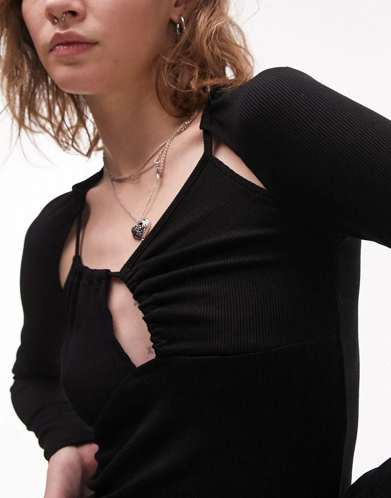 商品Topshop|Topshop long sleeve asymmetric keyhole ribbed halter top in black,价格¥153,第3张图片详细描述