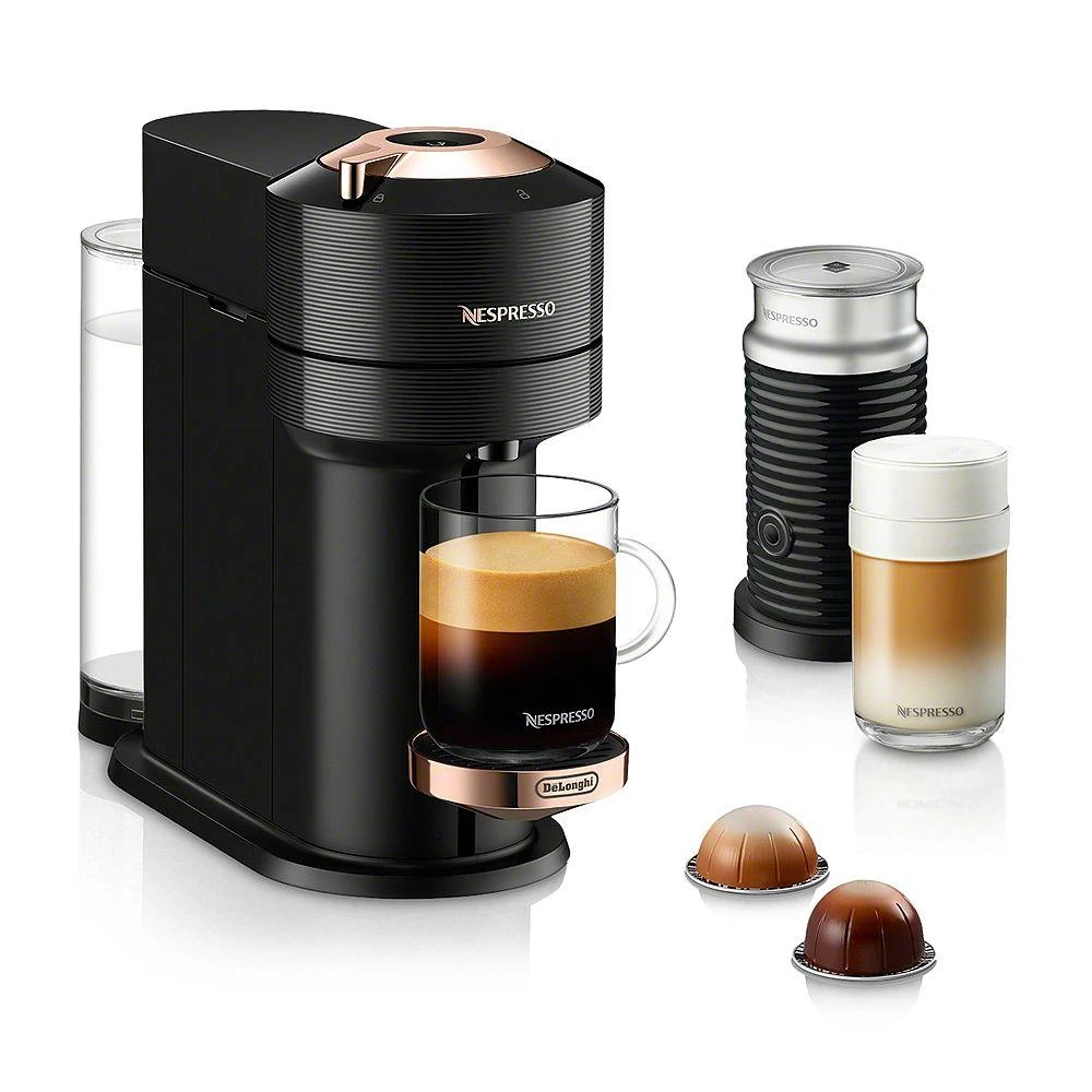 商品Nespresso|Vertuo Next Premium Coffee and Espresso Maker by DeLonghi with Aeroccino Milk Frother, Black Rose Gold,价格¥1814,第1张图片