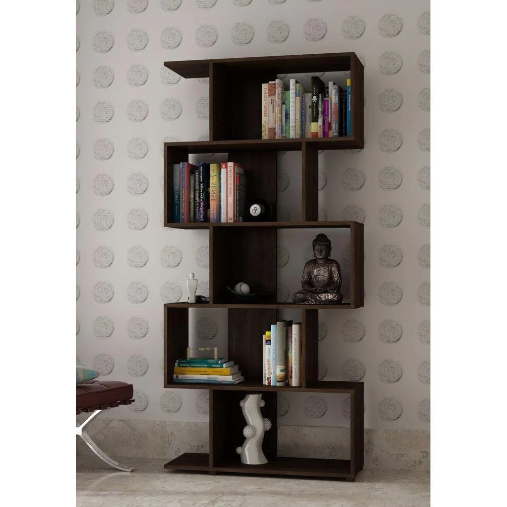 商品QuikFurn|Modern Zig-Zag Bookcase with 5-Shelves in Dark Brown Finish,价格¥2443,第2张图片详细描述