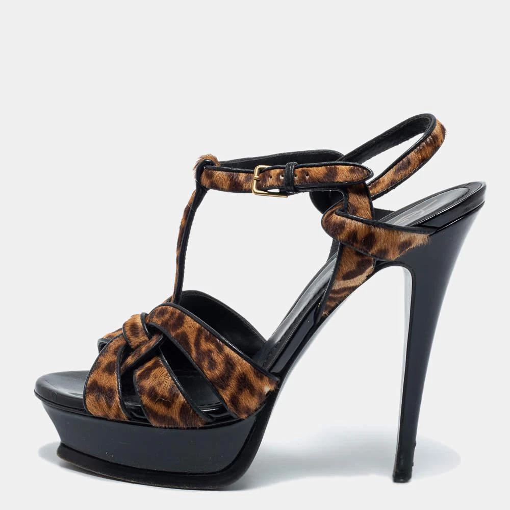 商品[二手商品] Yves Saint Laurent|Saint Laurent Brown/Black Calf Hair Tribute Ankle Strap Sandals Size 39,价格¥974,第1张图片