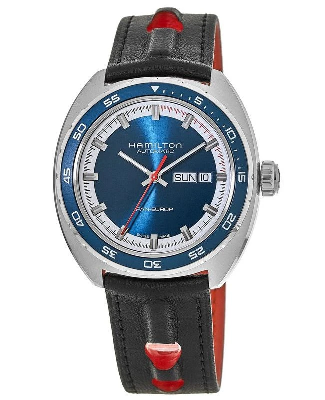 商品Hamilton|Hamilton American Classic Pan Europ Auto Blue Dial Black Leather Strap Men's Watch H35405741,价格¥6675,第1张图片