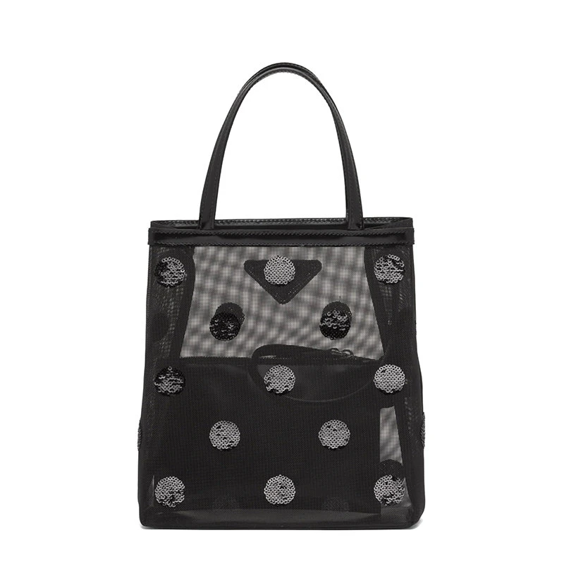 商品Prada|【预售3-7天】PRADA/普拉达 21年秋冬 女士小号黑色织物材质皮革提手波尔卡圆点图案网眼手提托特包1BG417_2DZ9_F0002_V_OOO,价格¥10885,第4张图片详细描述