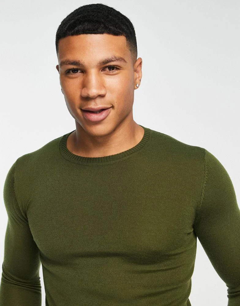 商品ASOS|ASOS DESIGN muscle fit premium merino wool jumper in khaki,价格¥229,第3张图片详细描述