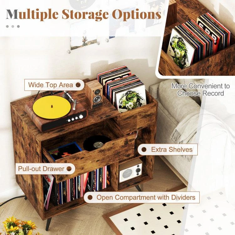 商品Hivvago|Record Player Stand with Power Outlet-Rustic Brown,价格¥1023,第3张图片详细描述