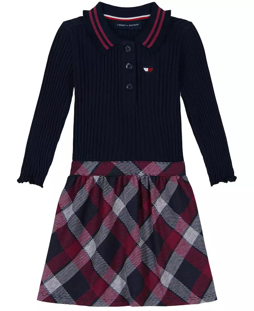 商品Tommy Hilfiger|Toddler and Little Girls Ribbed Plaid Long Sleeve Polo Dress,价格¥165,第1张图片