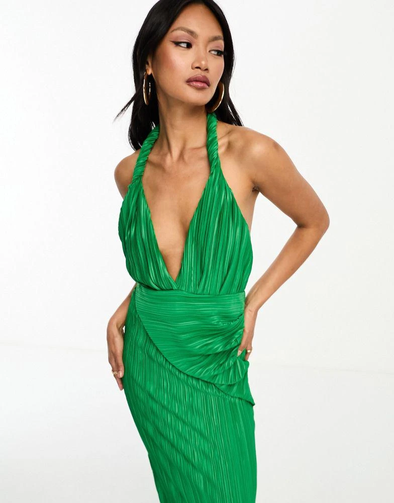 商品ASOS|ASOS DESIGN plunge halter cowl back plisse maxi dress in green,价格¥383,第3张图片详细描述