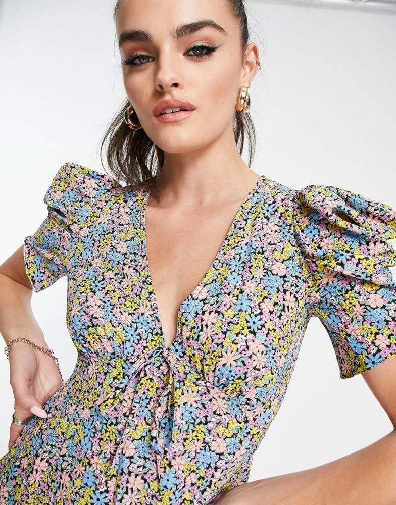 商品ASOS|ASOS DESIGN puff sleeve midi tea dress in multicoloured floral print,价格¥157,第3张图片详细描述