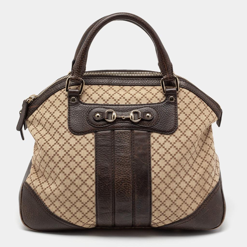 Gucci Beige/Brown Diamante Canvas And Leather Large Horsebit Catherine Satchel商品第1张图片规格展示