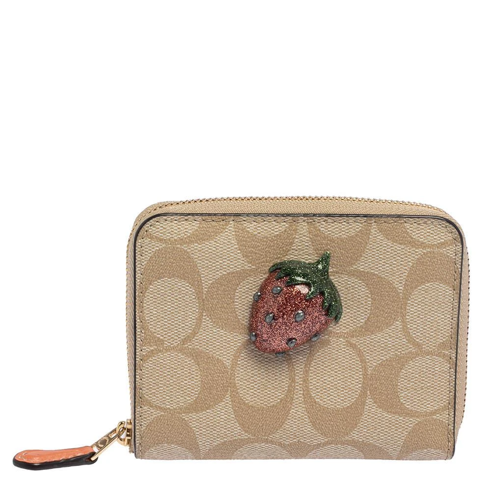 商品[二手商品] Coach|Coach Beige Signature Coated Canvas Strawberry Zip Around Wallet,价格¥1767,第1张图片