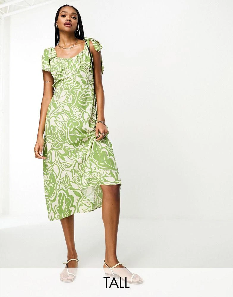 商品River Island Tall|River Island Tall tie shoulder button front midi dress in green floral,价格¥335,第1张图片