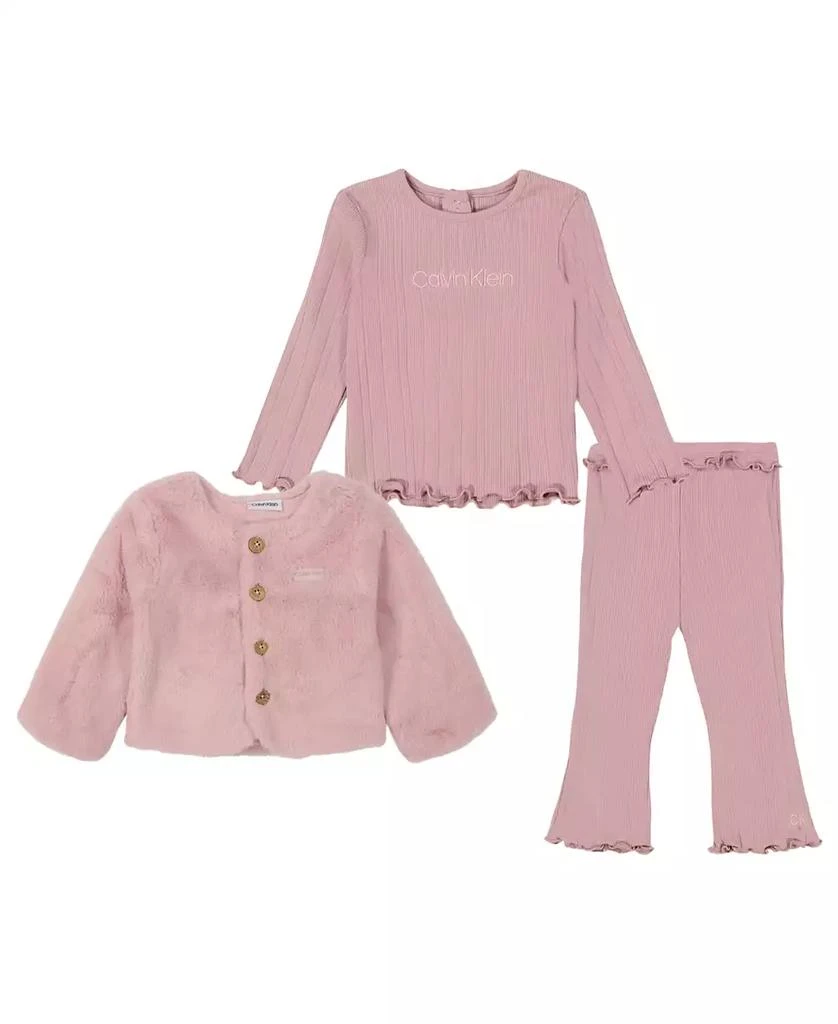 商品Calvin Klein|Baby Girl Ribbed Pants Set Artificial Fur Jacket,价格¥208,第1张图片