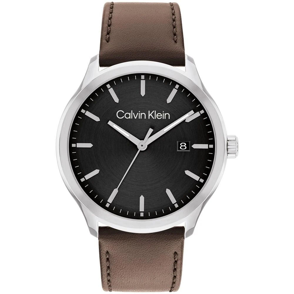 商品Calvin Klein|Men's 3H Quartz Brown Leather Strap Watch 43mm,价格¥1081,第1张图片