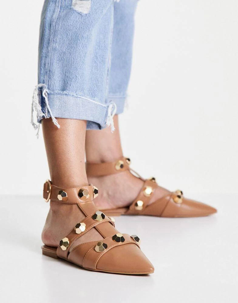 商品ASOS|ASOS DESIGN Lorina studded ballet flats in tan,价格¥109,第2张图片详细描述