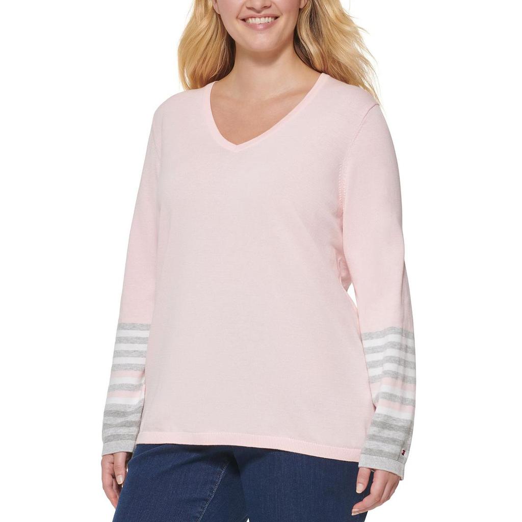 Tommy Hilfiger Womens Plus V-Neck Striped Pullover Sweater商品第2张图片规格展示
