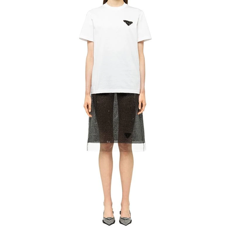 商品Prada|【预售3-7天】普拉达  女士白色刺绣平纹针织棉质短袖T恤35838R_1Z5O_F0009_S_162,价格¥6857,第4张图片详细描述