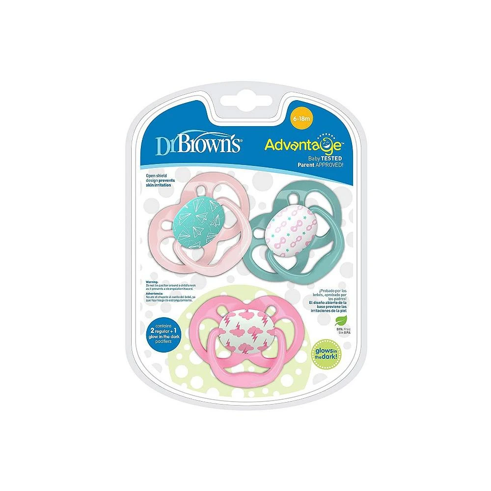 商品Dr. Browns|Advantage Symmetrical Pacifier, Pink, Glow in the Dark, 3 Pack, 6-18m,价格¥131,第2张图片详细描述