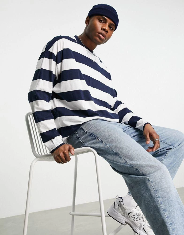 商品ASOS|ASOS DESIGN oversized long sleeve stripe t-shirt in navy and white,价格¥81,第4张图片详细描述