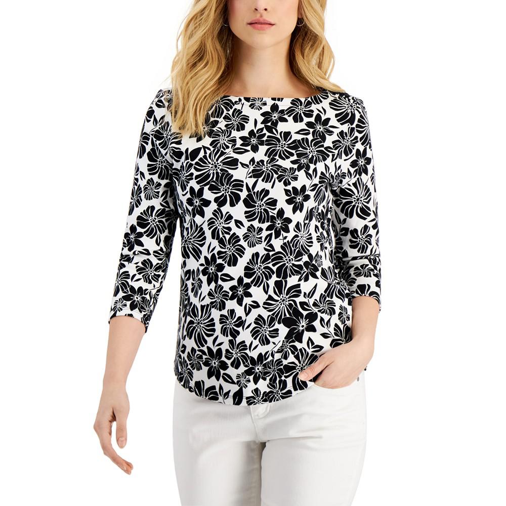 Petite Jaclyn Floral-Print Cotton Boat-Neck Top, Created for Macy's商品第1张图片规格展示
