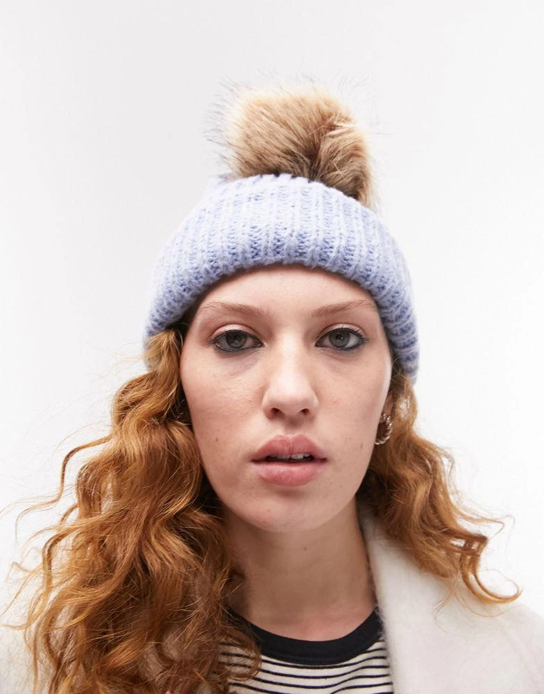 商品Topshop|Topshop knitted fur pom pom beanie in blue,价格¥75,第4张图片详细描述