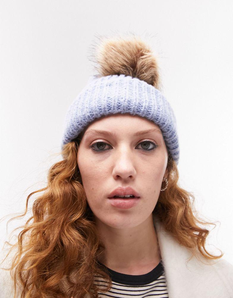 商品Topshop|Topshop knitted fur pom pom beanie in blue,价格¥58,第6张图片详细描述