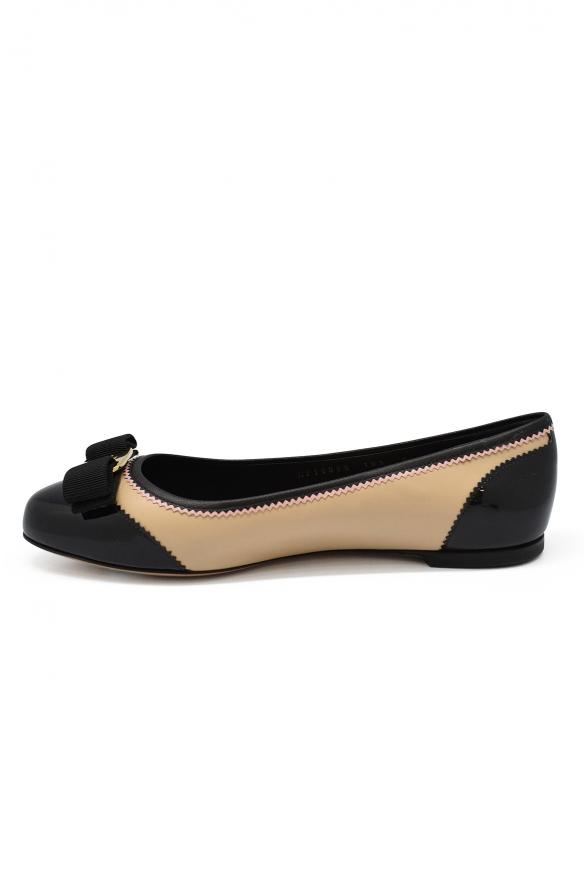 Luxury Shoes For Women   Salvatore Ferragamo Beige Ballet Flats With Black Knot商品第3张图片规格展示