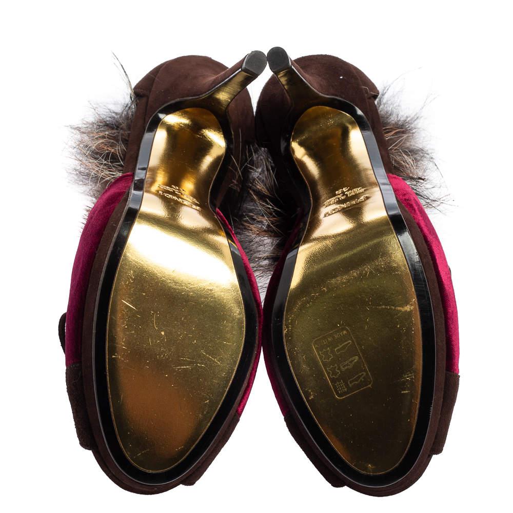 Fendi Burgundy/Brown Velvet, Suede and Fur Trim Lace-Up Peep-Toe Ankle Booties Size 40商品第6张图片规格展示