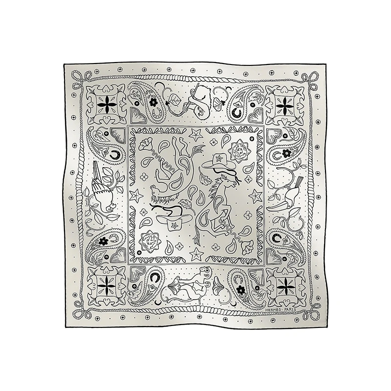 商品Hermes|爱马仕女士灰白色桑蚕丝动物王国印花丝巾H044100S09,价格¥2047,第1张图片