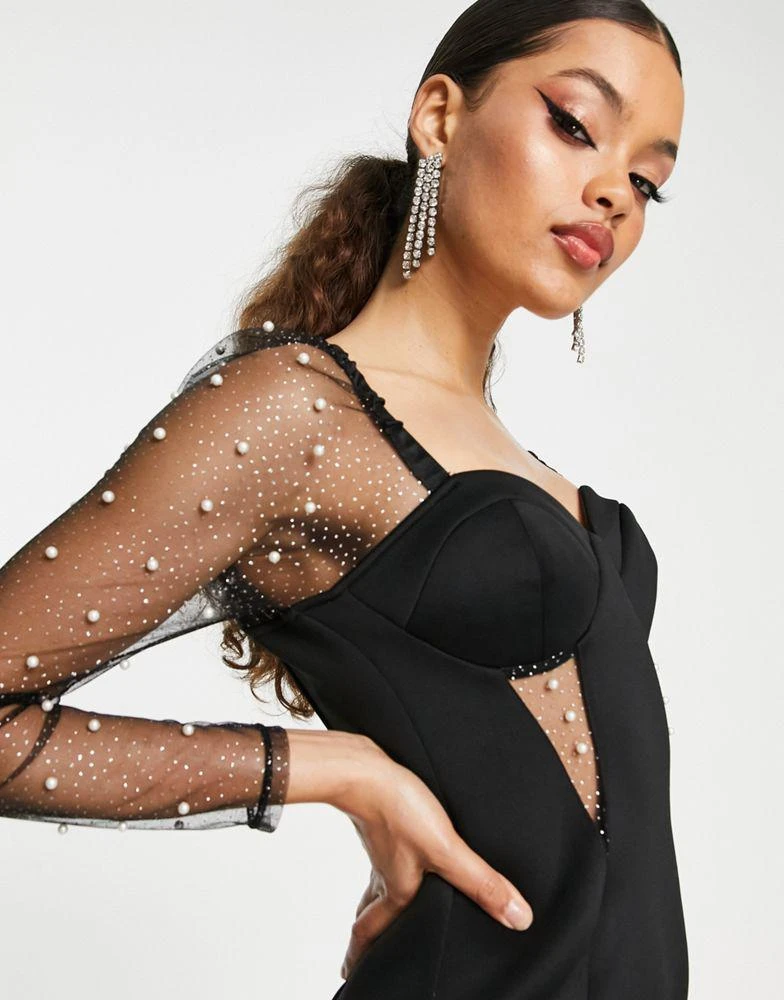 商品ASOS|ASOS DESIGN Petite glitter insert pearl mesh midi pencil dress in black,价格¥280,第3张图片详细描述