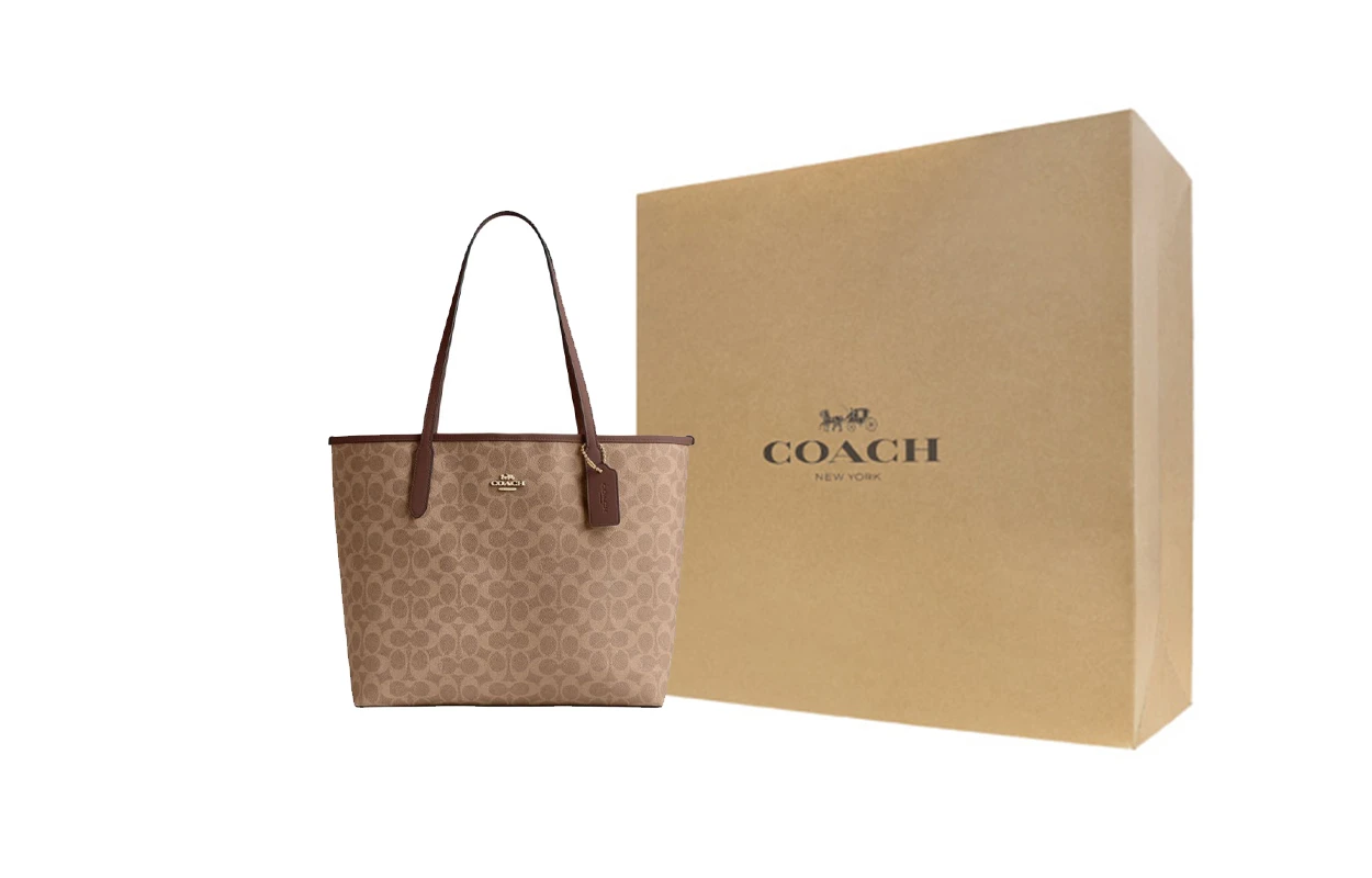 商品[国内直发] Coach|蔻驰 City 33 徽标标牌磁扣开合 PVC拼皮革 托特包Tote包购物袋单肩手提包 大号 女款 浅褐色拼棕色,价格¥1473,第5张图片详细描述