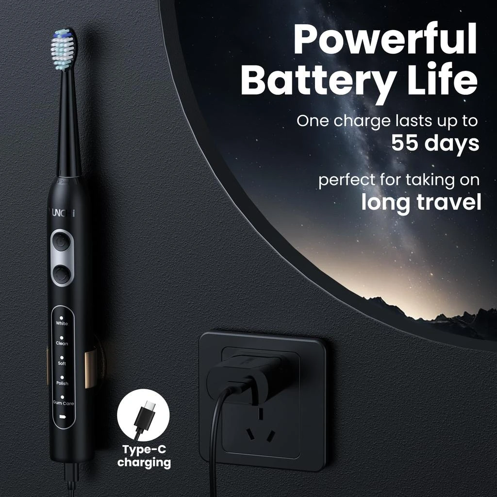商品YUNCHI|YUNCHI Electric Toothbrush for Adults, Sonic Toothbrush, Rechargeable Electric Toothbrush with 4 Brush Heads,5 Modes & 2 Minutes Smart Timer,Waterproof,Battery Toothbrush,Black,价格¥118,第4张图片详细描述