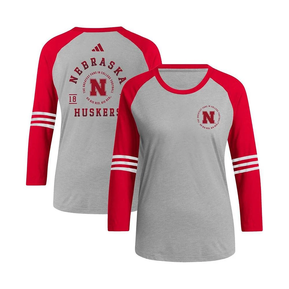 商品Adidas|Women's Gray Nebraska Huskers Baseball Raglan 3/4-Sleeve T-shirt,价格¥247,第1张图片