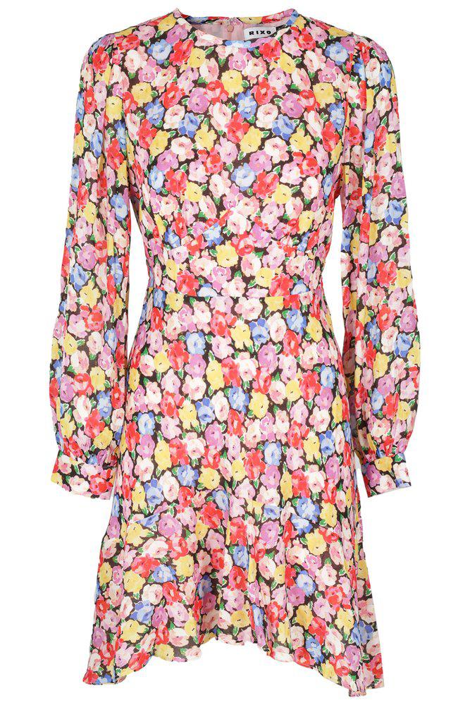 Rixo Floral-Printed Tied-Waist Crewneck Mini Dress商品第1张图片规格展示