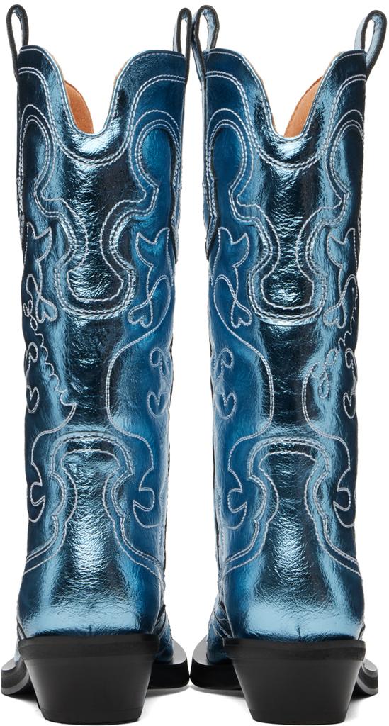 【関税&送料込み】Ganni Mid Shaft Embroidered Western Shoe Ganni Blue Metallic Mid Shaft Embroidered Western Boots
