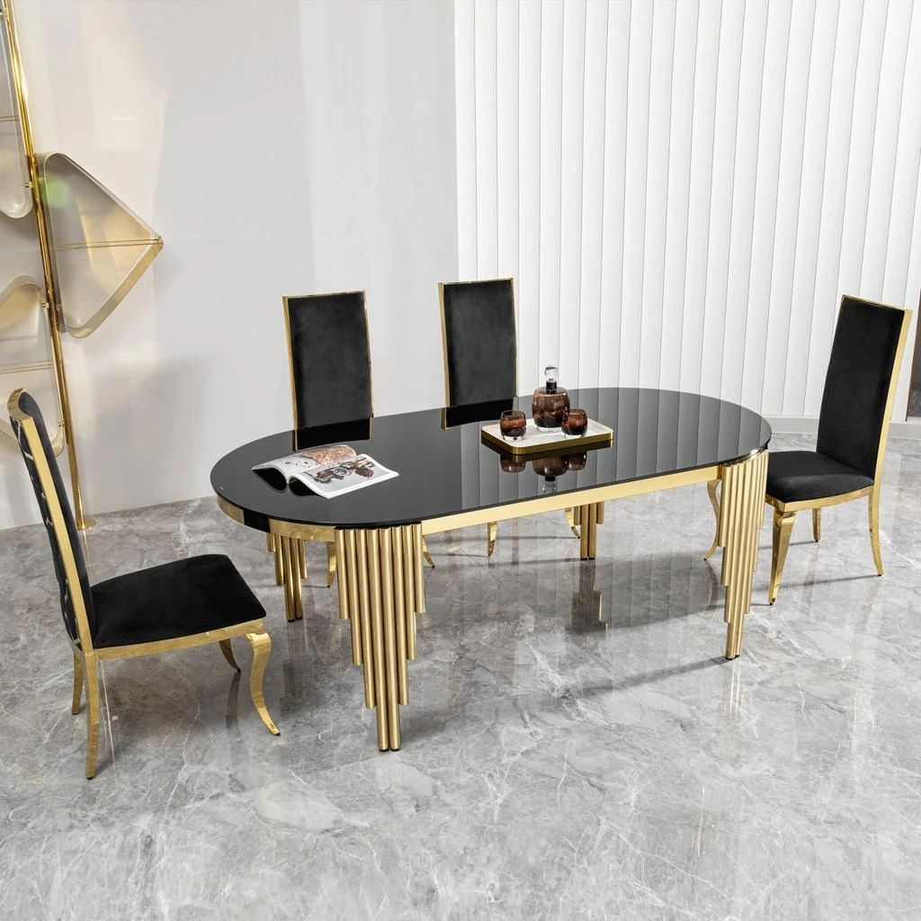商品Streamdale Furniture|Streamdale Black Glass Top Oval Dining Table with Gold Base,价格¥8468,第5张图片详细描述