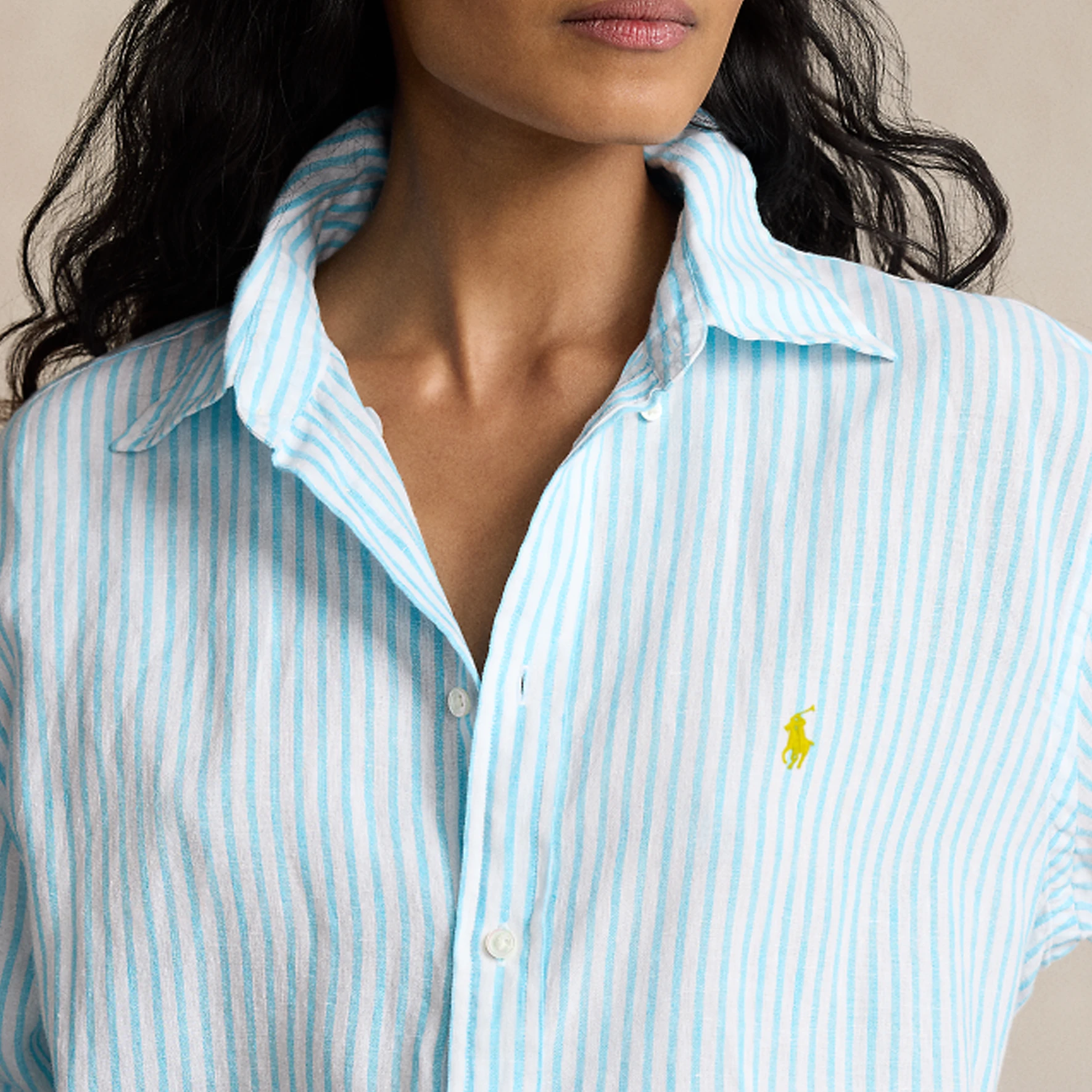商品[国内直发] Ralph Lauren|SS24 条纹Logo刺绣宽松单排扣长袖衬衫 女款 绿松石色,价格¥1363,第6张图片详细描述