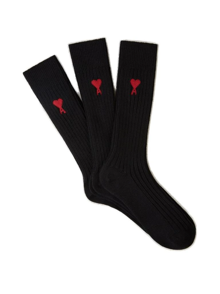 商品AMI|AMI Paris Logo Embroidered Ribbed 3-Pack Socks,价格¥641,第1张图片