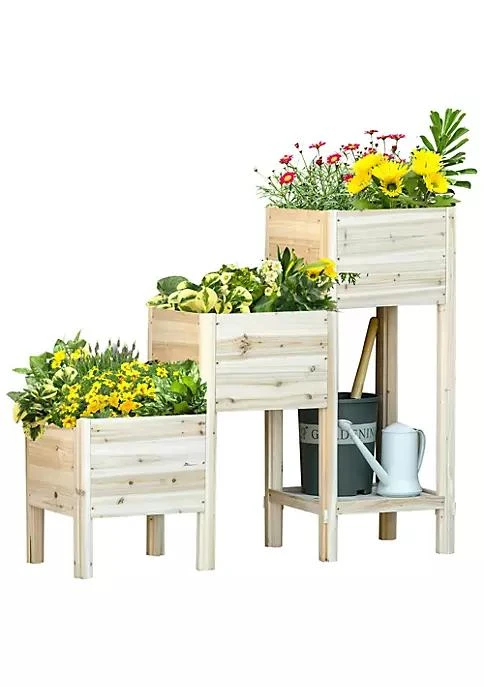 商品Outsunny|49 X 18 X 43 3 Tier Raised Garden Bed W  Storage Shelf Outdoor Wood Elevated Planter Box Kit Freestanding Wooden Plant Stand For Vegetables Herb And Flowers,价格¥1188,第1张图片