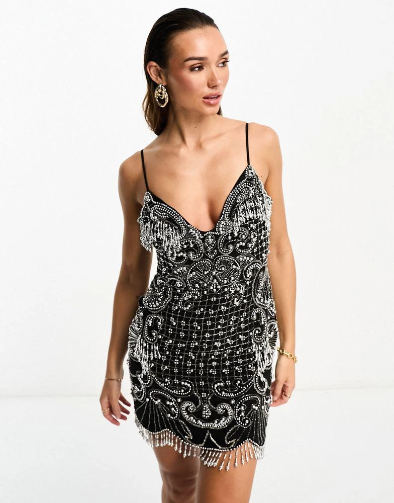 商品ASOS|ASOS DESIGN embellished cami mini dress with linear embellishment in black,价格¥868,第2张图片详细描述