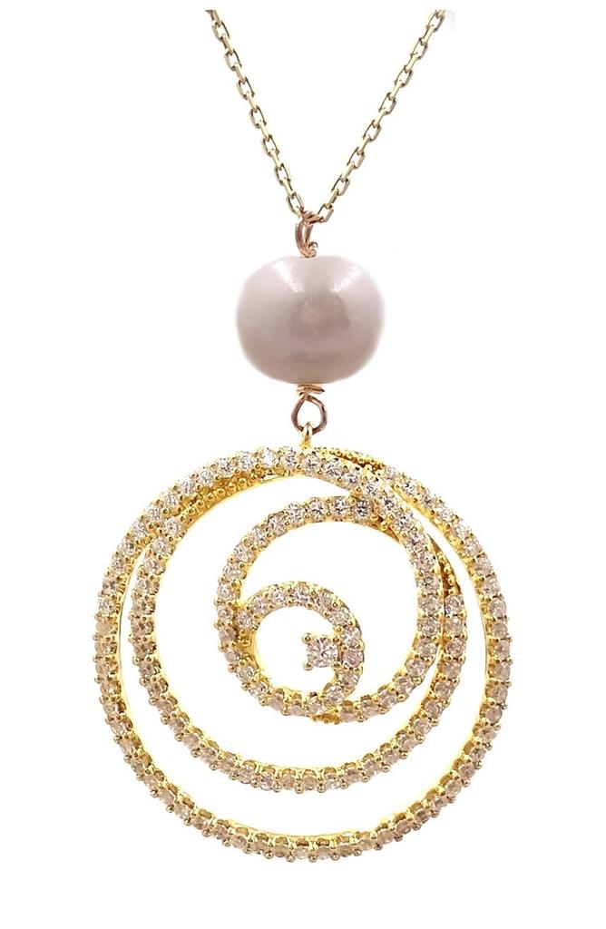 18K Yellow Gold Vermeil Pave CZ Swirl & 10mm Cultured Freshwater Pearl Pendant Necklace商品第1张图片规格展示