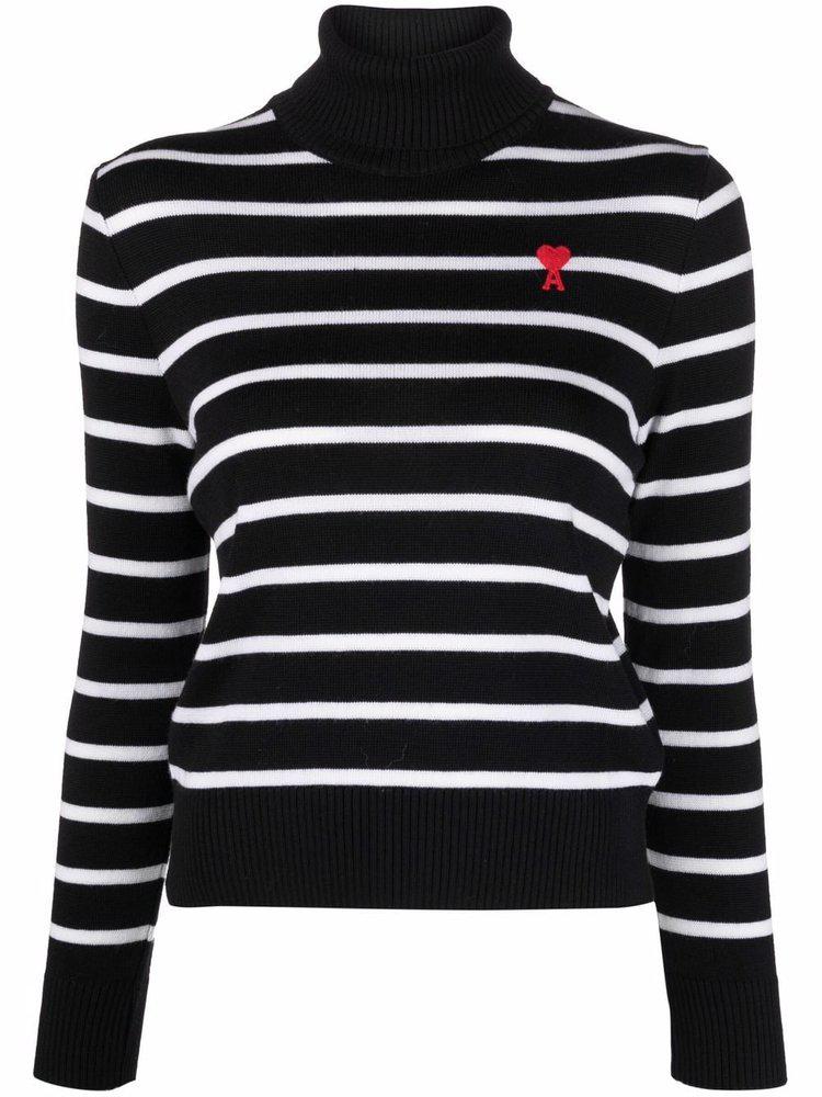 AMI Logo Embroidered Striped Turtleneck Knit Sweater商品第1张图片规格展示