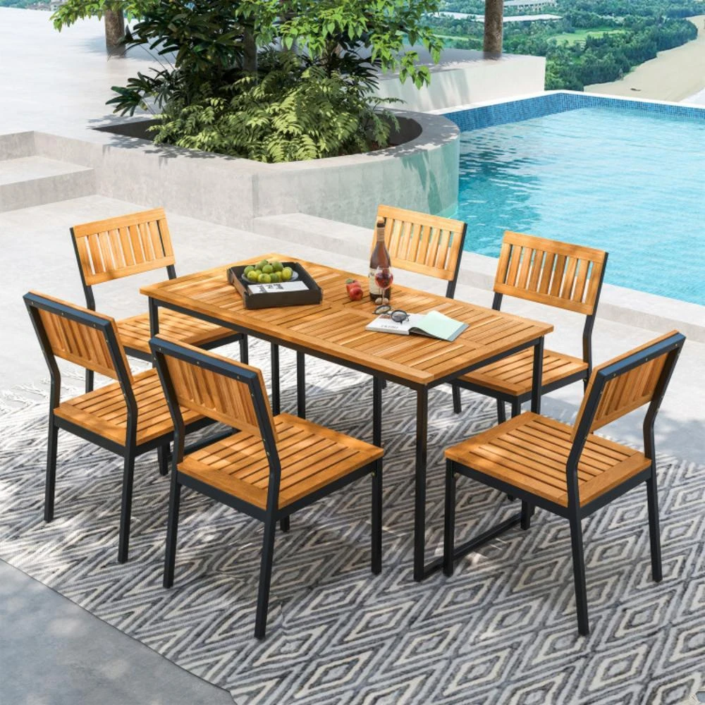 商品Hivvago|Acacia Wood Dining Table for 6 People with Slatted Tabletop and Umbrella Hole,价格¥2028,第2张图片详细描述