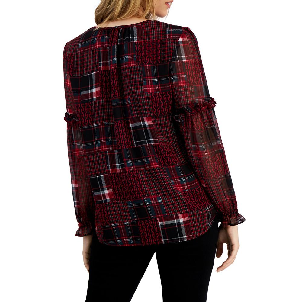 Women's Patchwork Plaid Ruffle-Sleeve Top商品第3张图片规格展示