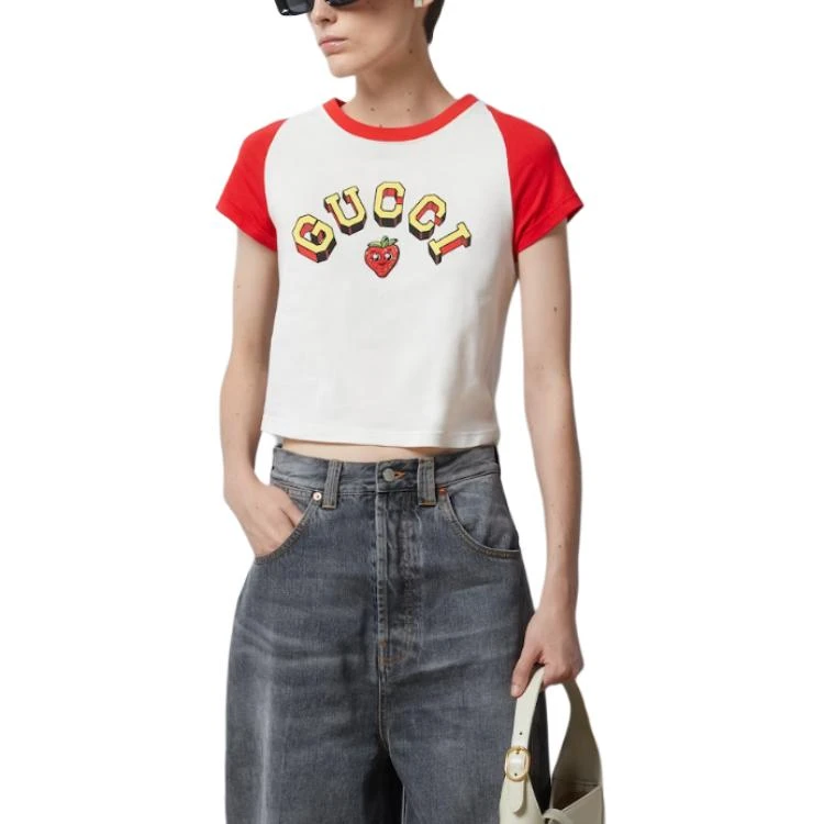 商品[国内直发] Gucci|古驰  字母印花圆领套头短款短袖 T恤 女款 白色,价格¥2221,第4张图片详细描述