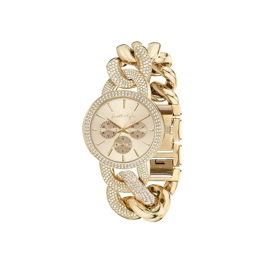 Women's Large Open-Link Gold-Tone Mock-Chronograph Analog Metal Bracelet Watch商品第1张图片规格展示