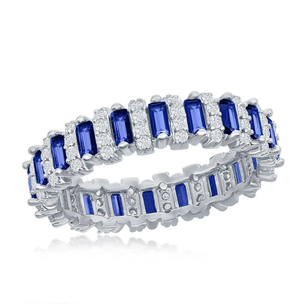 商品Simona|Sterling Silver Round & Baguette Eternity Band Ring - Simulated Sapphire - Size 9,价格¥356,第1张图片