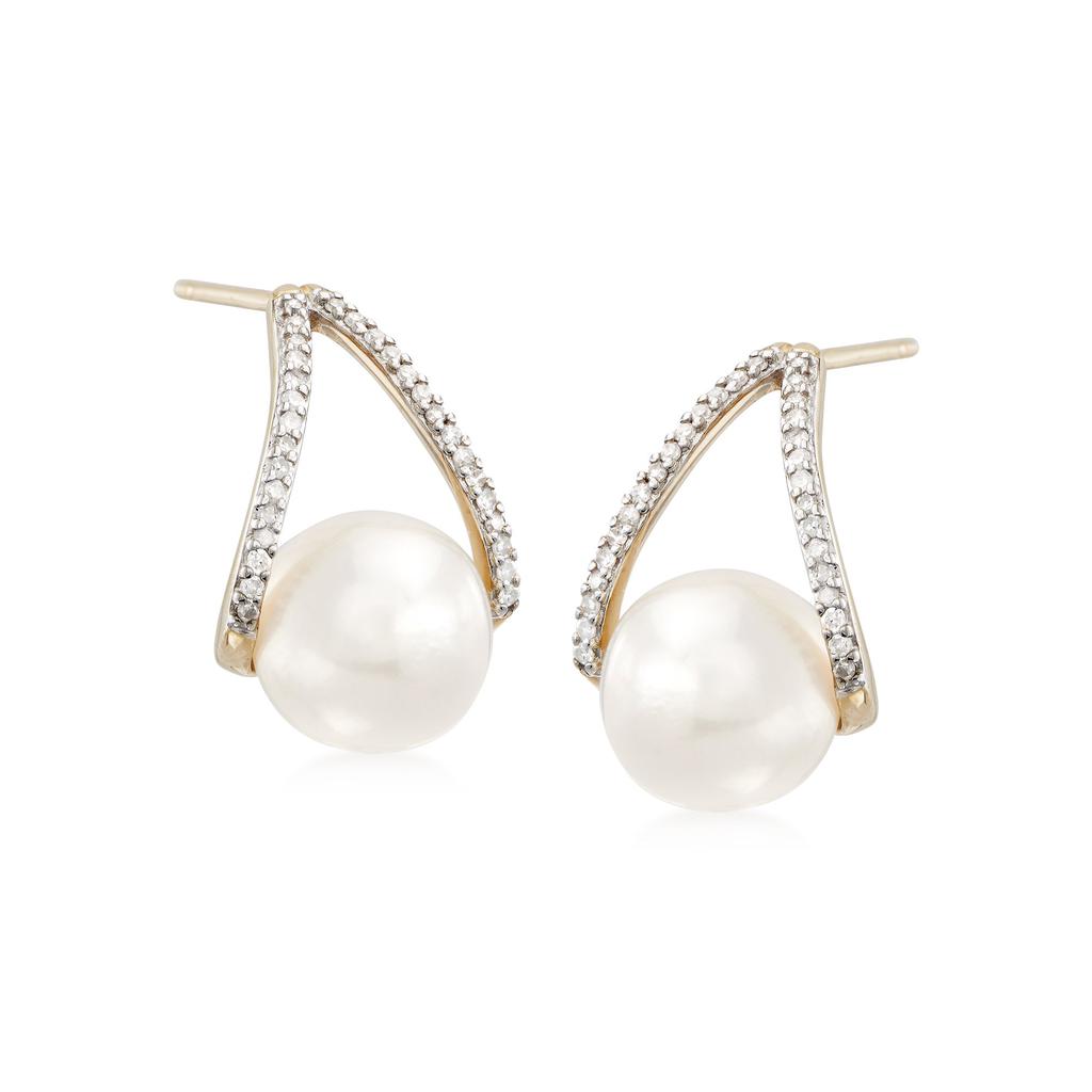Ross-Simons 8-8.5mm Cultured Pearl and . Diamond Drop Earrings in 14kt Yellow Gold商品第4张图片规格展示