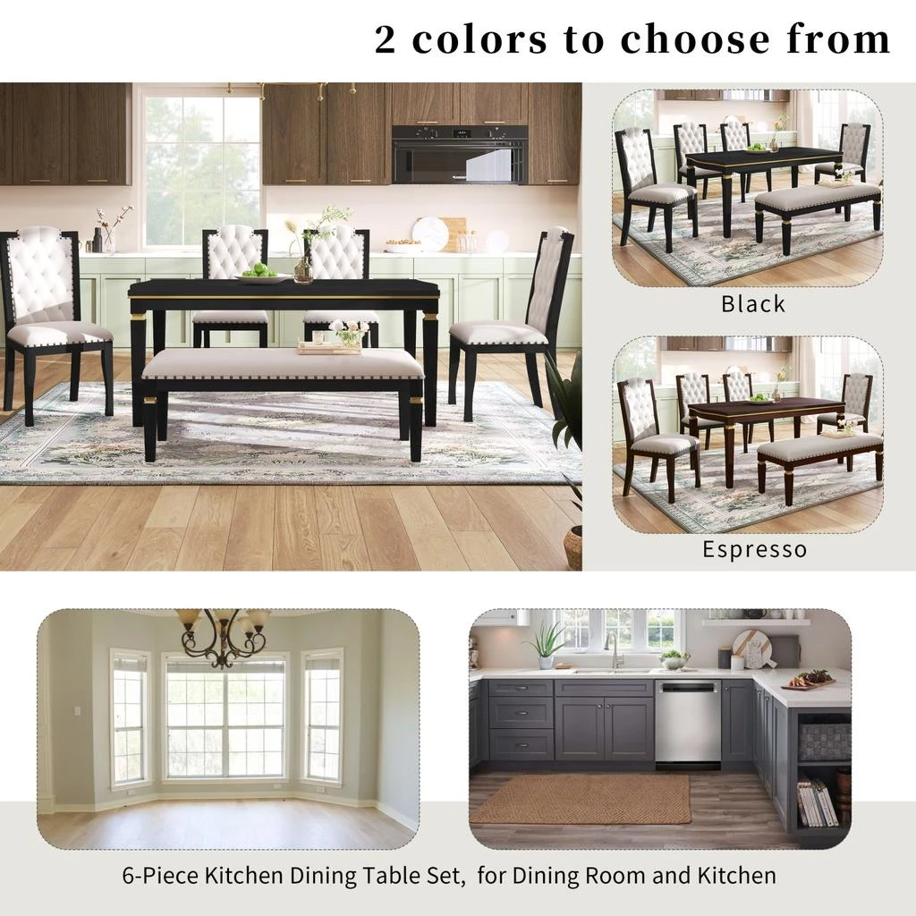 Streamdale 6-Piece Dining Table Set: 60" Table, 4 Tufted Chairs & Bench (Black) 商品